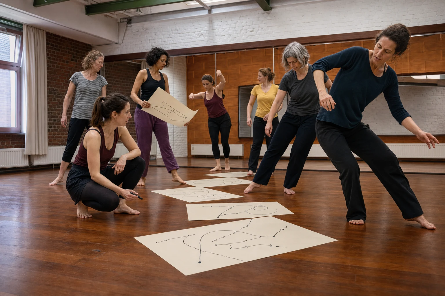 Danseressen rond grote vellen papier op de vloer, tijdens Atelier Signature