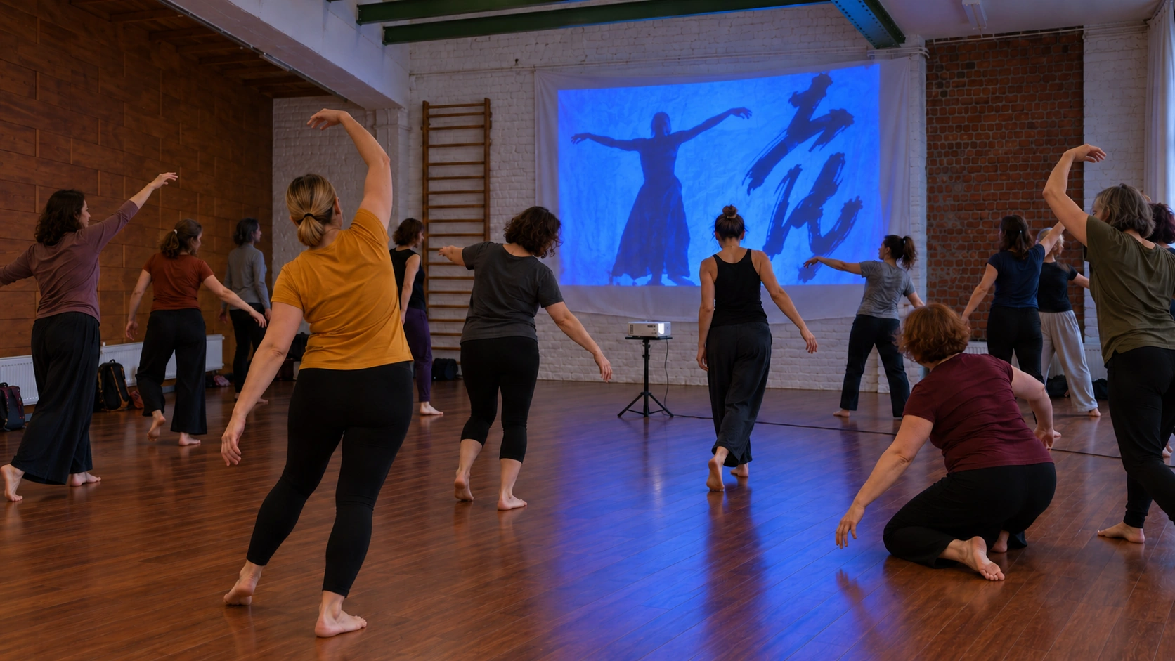 Een groep improviseert in studio Novanoïs voor een blauwe projectie op een doek tussen het klimrek en de rode bakstenen muur