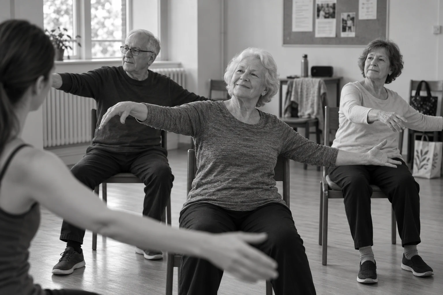 Senioren dansen zittend, met Bettina deels in beeld