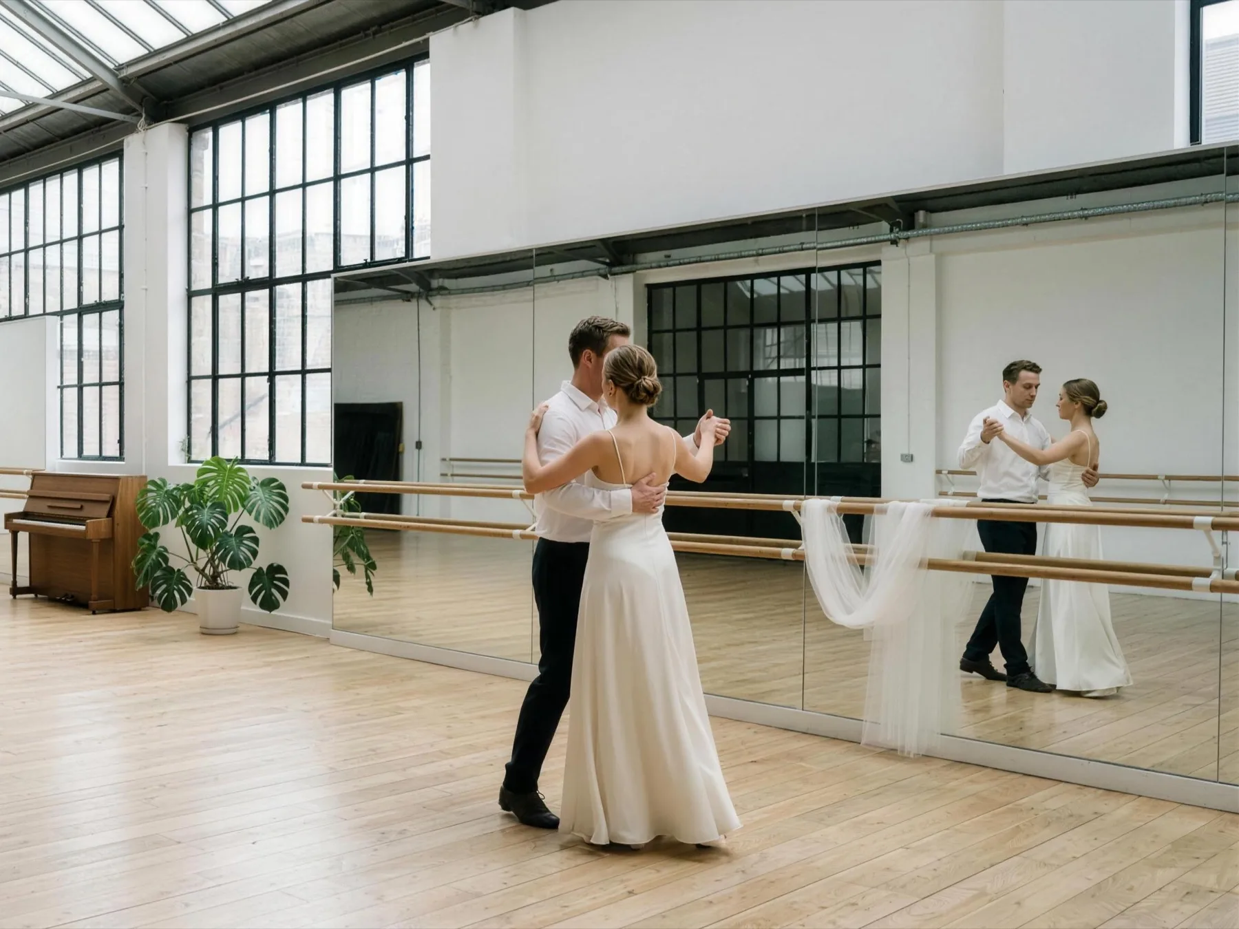 Een koppel danst zijn openingsdans in een lichte studio, voor de spiegel