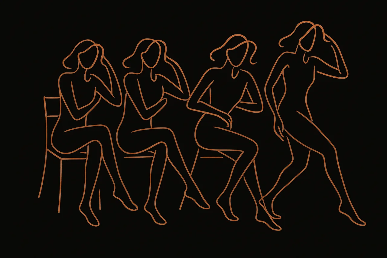 Lijntekening van vier danseressen en hun stoelen