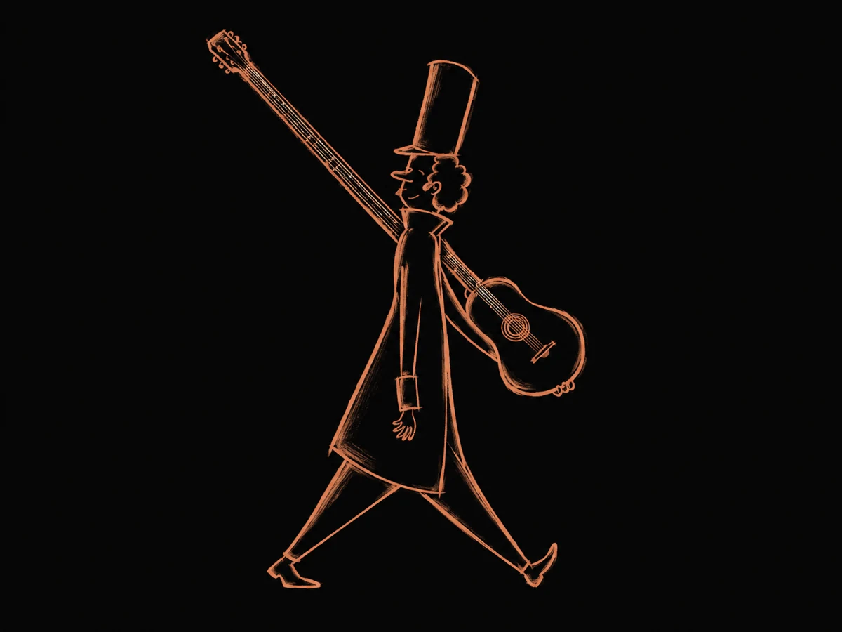 Le Soldat Rose en zijn gitaar, getekend met koperkleurig potlood