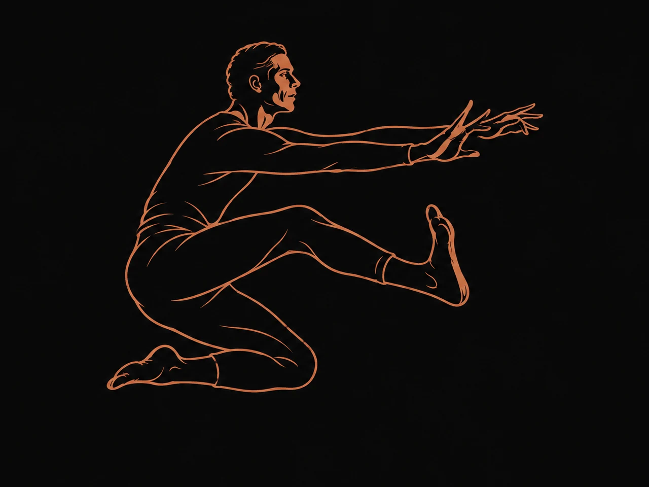 Lijntekening van Merce Cunningham tijdens een sprong, met de armen naar voren gestrekt