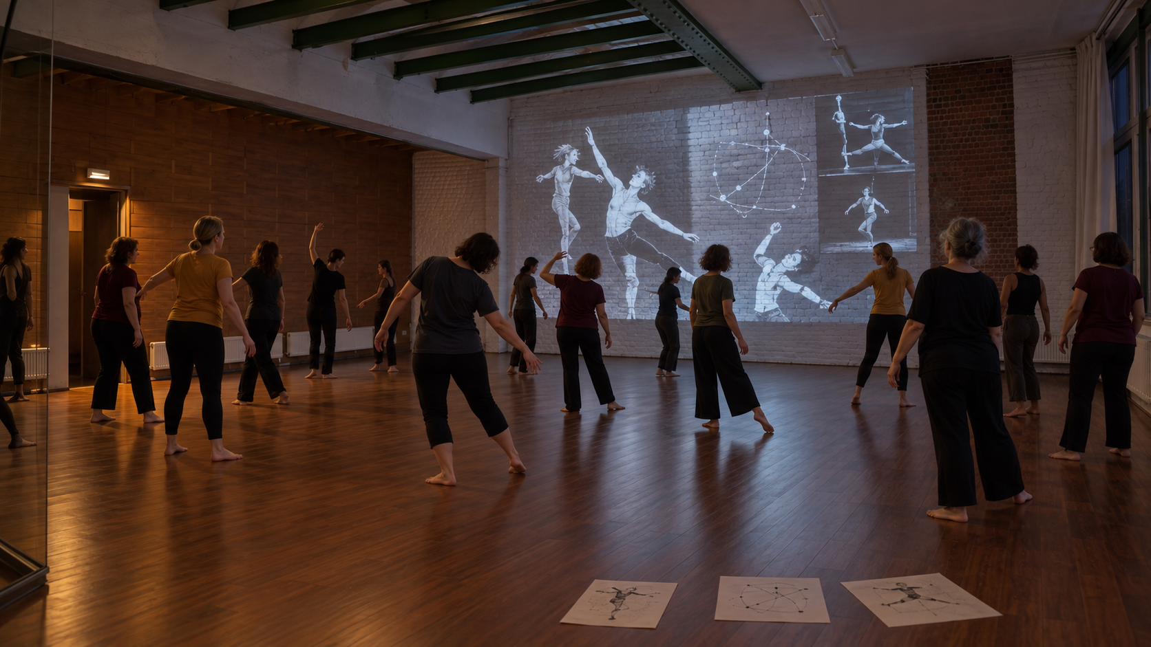Un groupe explore le mouvement devant des œuvres chorégraphiques projetées au studio Novanoïs, en soirée